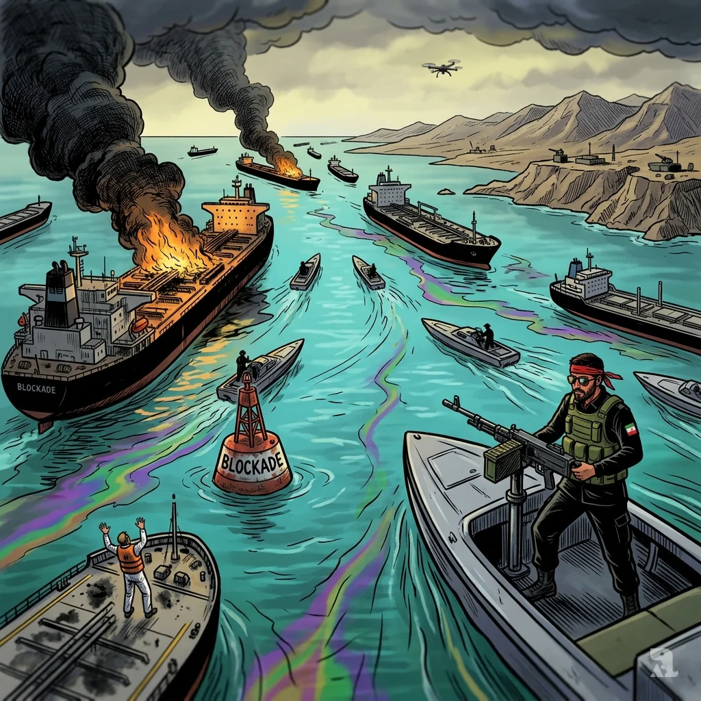 Burning tanker and Iranian fast-attack boats block Strait of Hormuz, black smoke rising, oil slick on water.