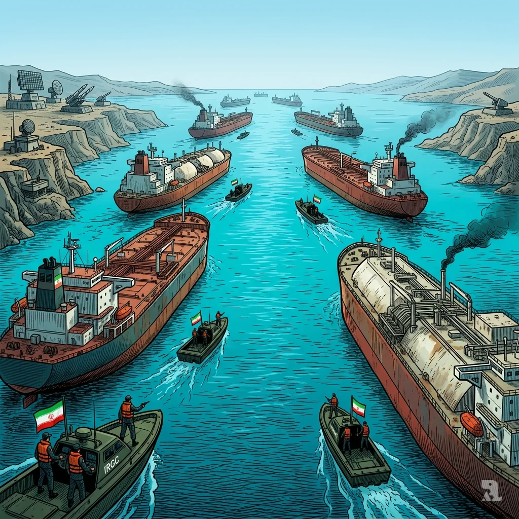 Strait of Hormuz congested with stationary oil tankers as Iranian patrol boats navigate between commercial vessels.