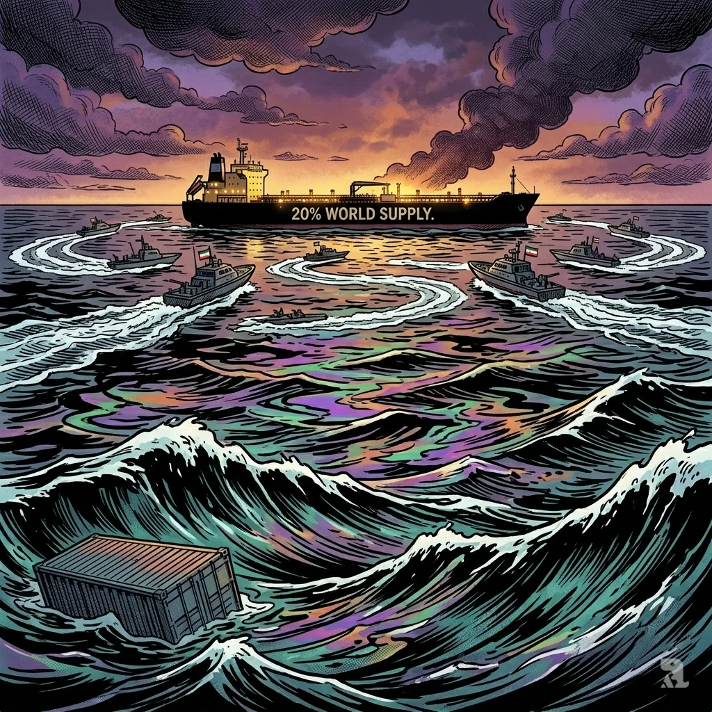 Oil supertanker with "20% World Supply" text sits motionless in Strait of Hormuz amid military patrol wakes.