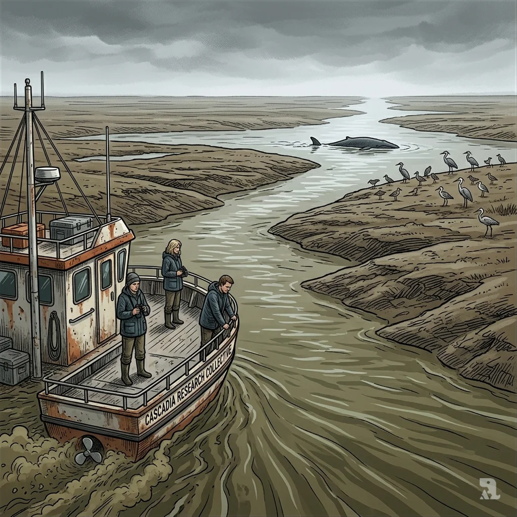 Whale stranded on distant mudflats as tide recedes. Research boat stopped at shallows, biologists helpless.