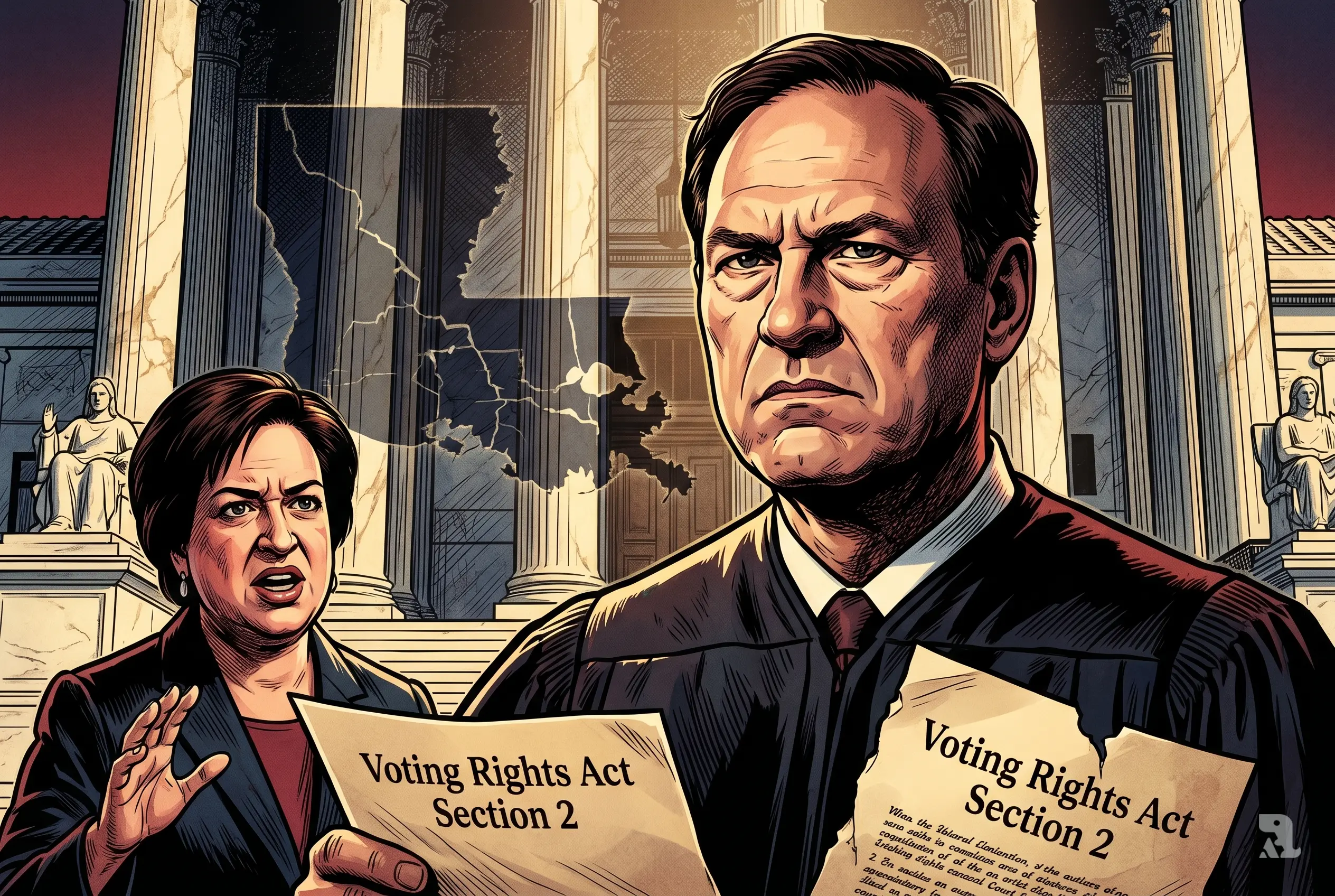 Supreme Court Justice Samuel Alito delivers a tense ruling as Elena Kagan dissents in background, with Louisiana map and Voting Rights Act symbolism behind.