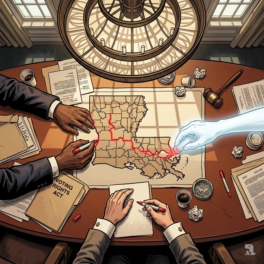 Overhead view of Louisiana legislators drawing a second Black district on a map, while a translucent hand erases the line, symbolizing Supreme Court reversal.