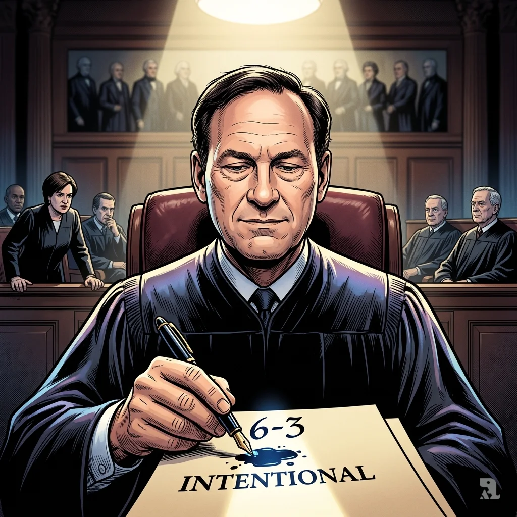 Justice Samuel Alito pens the 6-3 majority opinion, the word "INTENTIONAL" illuminated, as dissenting justices sit in shadow in the Supreme Court.