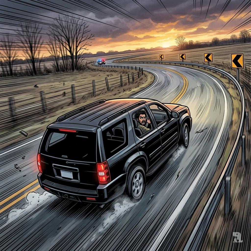 Black SUV speeds through rural Ohio curve, driver panicked in rearview mirror, tires smoking.