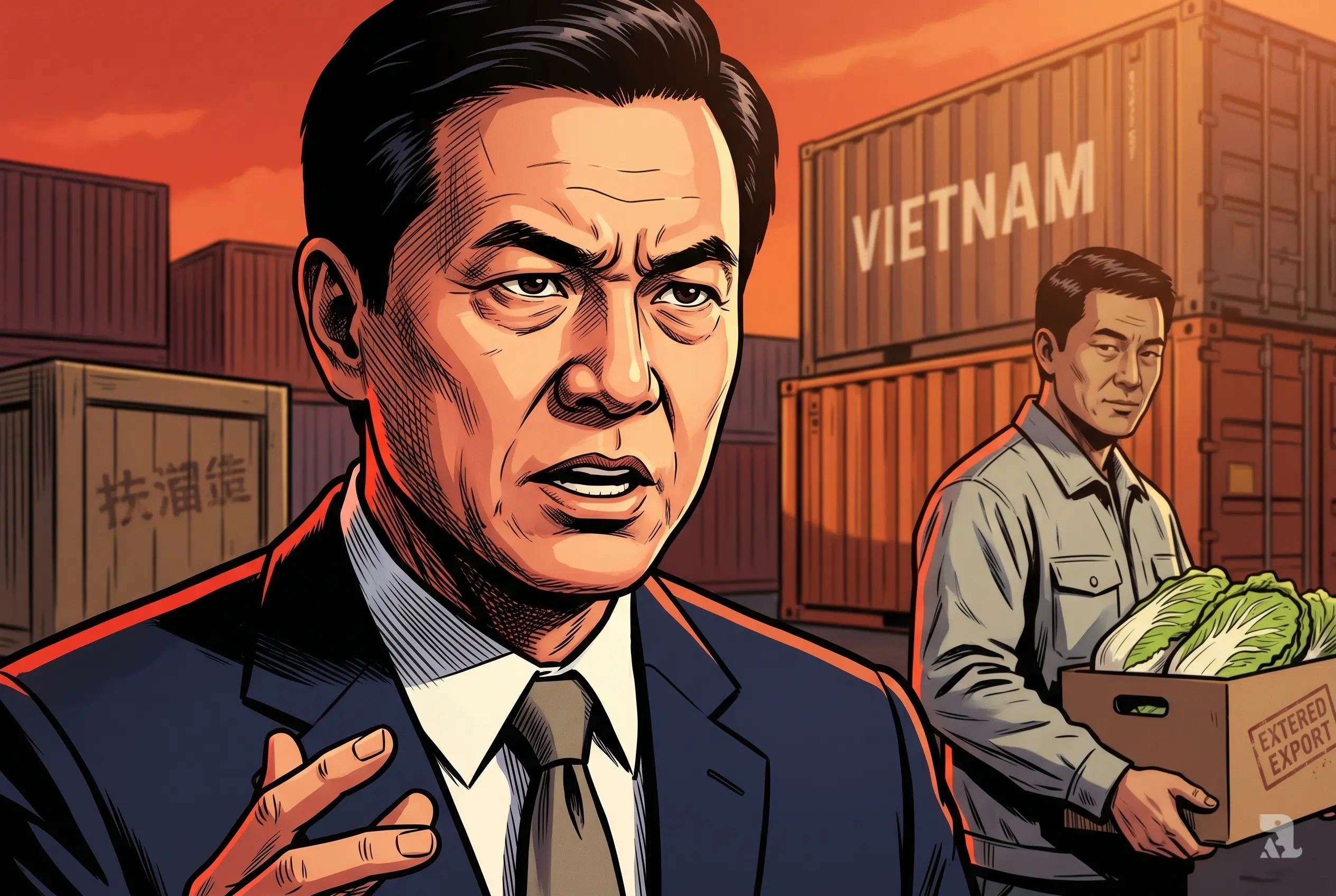 Taiwan agriculture minister Chen Junne-jih speaks urgently as shadowy trade operator stands near mislabeled vegetable crates and shipping containers under dramatic sky.