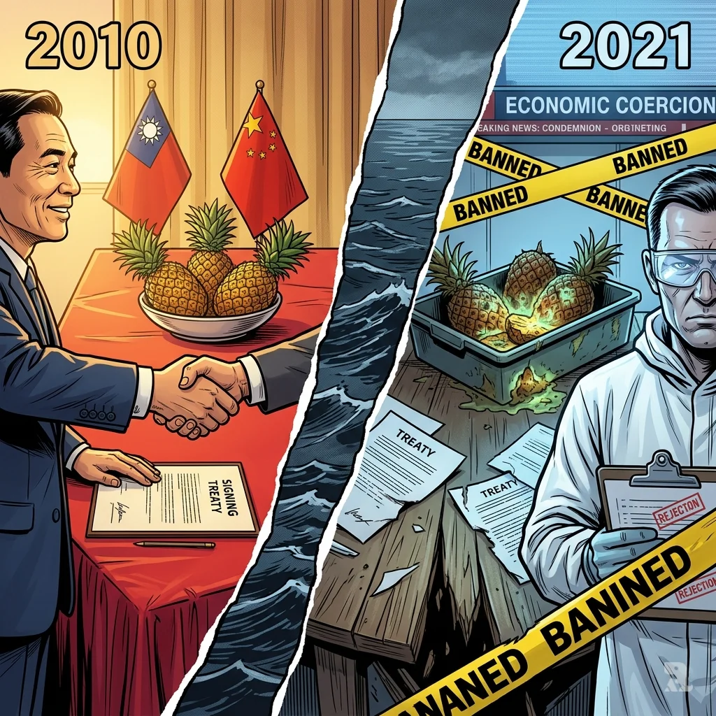 Split composition showing 2010 diplomatic handshake with pineapples versus 2021 rotting produce, banned quarantine tape, and torn treaty across churning strait.