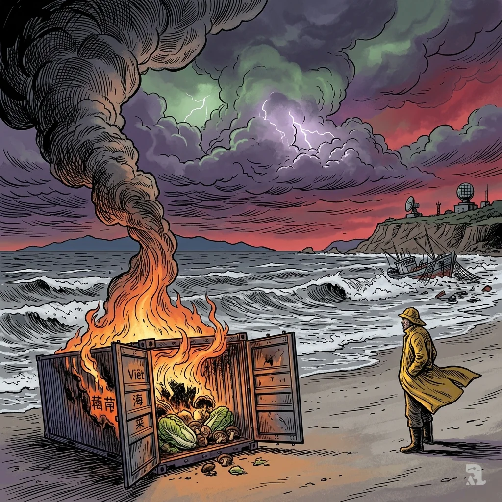 A burning shipping container on a Taiwanese beach reveals Chinese markings, storm clouds gather over Taiwan Strait as a lone fisherman watches.
