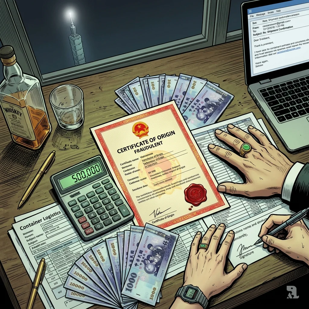 A fraud-ridden desk with Vietnamese certificate, calculator showing 500,000, NT dollar bills, and a gold-ringed hand beside distant Taipei 101.