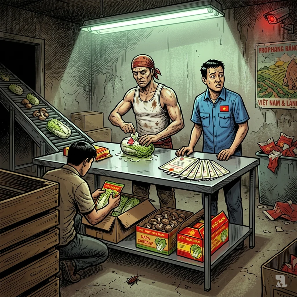 Inside a Hanoi warehouse, workers repackage Chinese produce into Vietnamese-branded packaging with forged certificates under a security camera's red light.