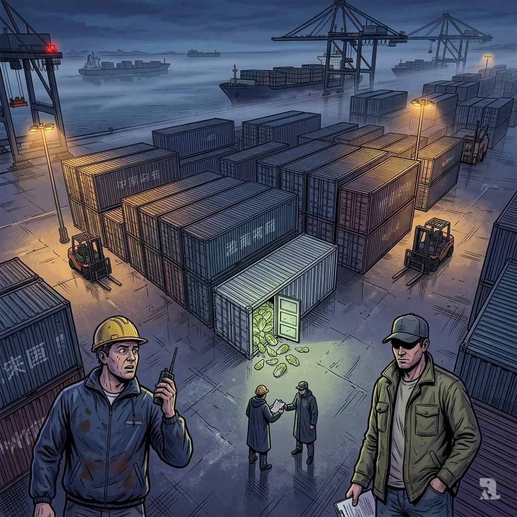 Aerial view of Vietnam's Haiphong Port at twilight, a refrigerated container spilling Chinese cabbage as two figures exchange forged paperwork.