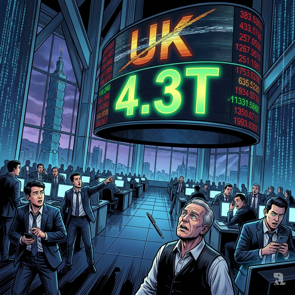 Taiwan surpasses UK market cap as 4.3T glows green on a massive digital ticker, traders stunned on Taipei Stock Exchange floor. Seismic shift.