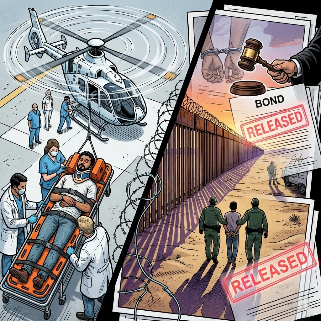 Tarsem Singh loaded into medevac helicopter next to California border fence and immigration documents.