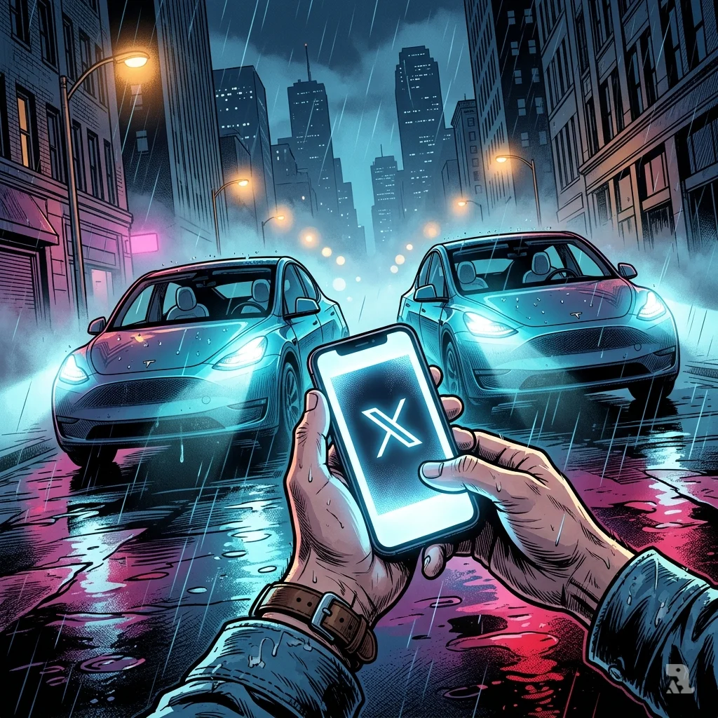 Empty Tesla Model Y headlights pierce Dallas fog at night. Hands hold phone displaying illuminated X platform logo.