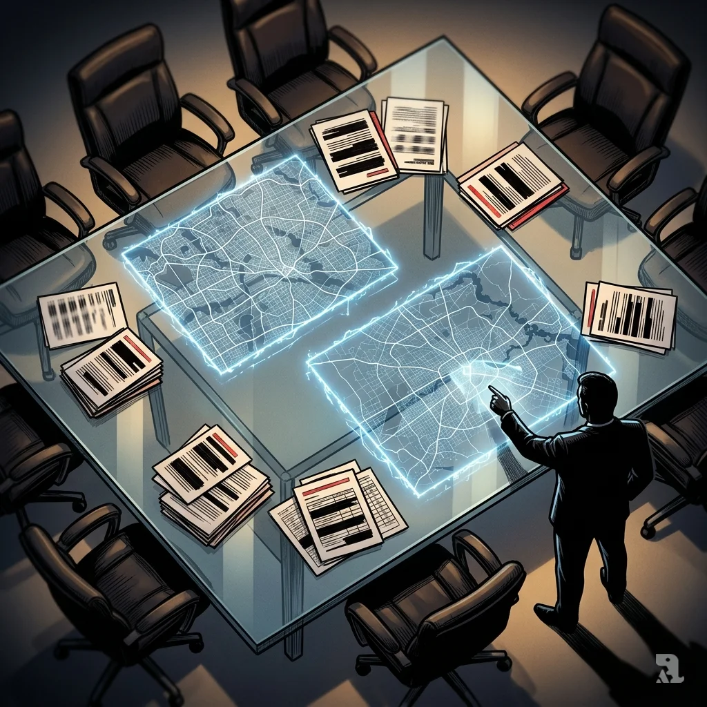 Holographic maps of Dallas and Houston glow on glass table beside heavily redacted corporate documents and empty chairs.