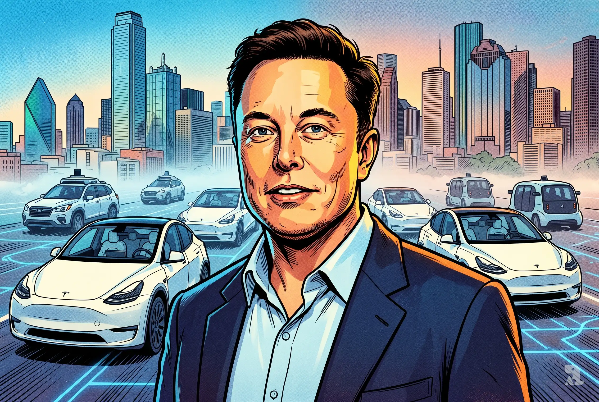 Elon Musk in foreground with autonomous Tesla Model Y robotaxis driving through Dallas and Houston streets, empty front seats visible, with Waymo and Zoox vehicles in background competition.