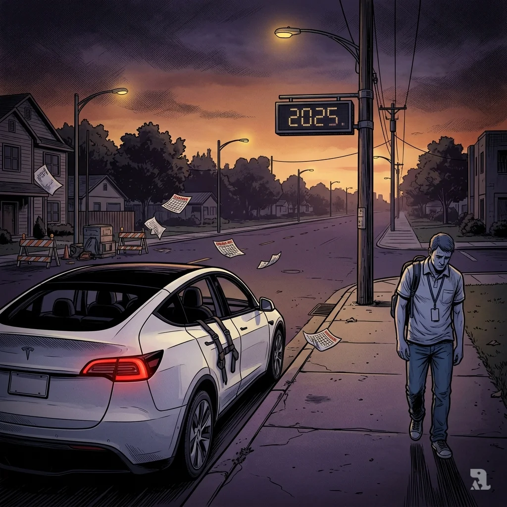 Former safety monitor walks away from parked Tesla in Austin twilight as 2025 date fades on display.