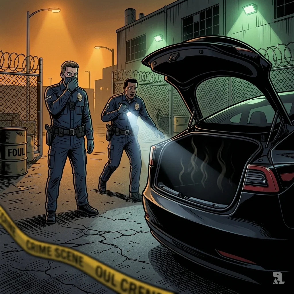 LAPD officers open a black Tesla trunk at a tow lot. Crime scene tape and flashlights reveal a grim discovery.