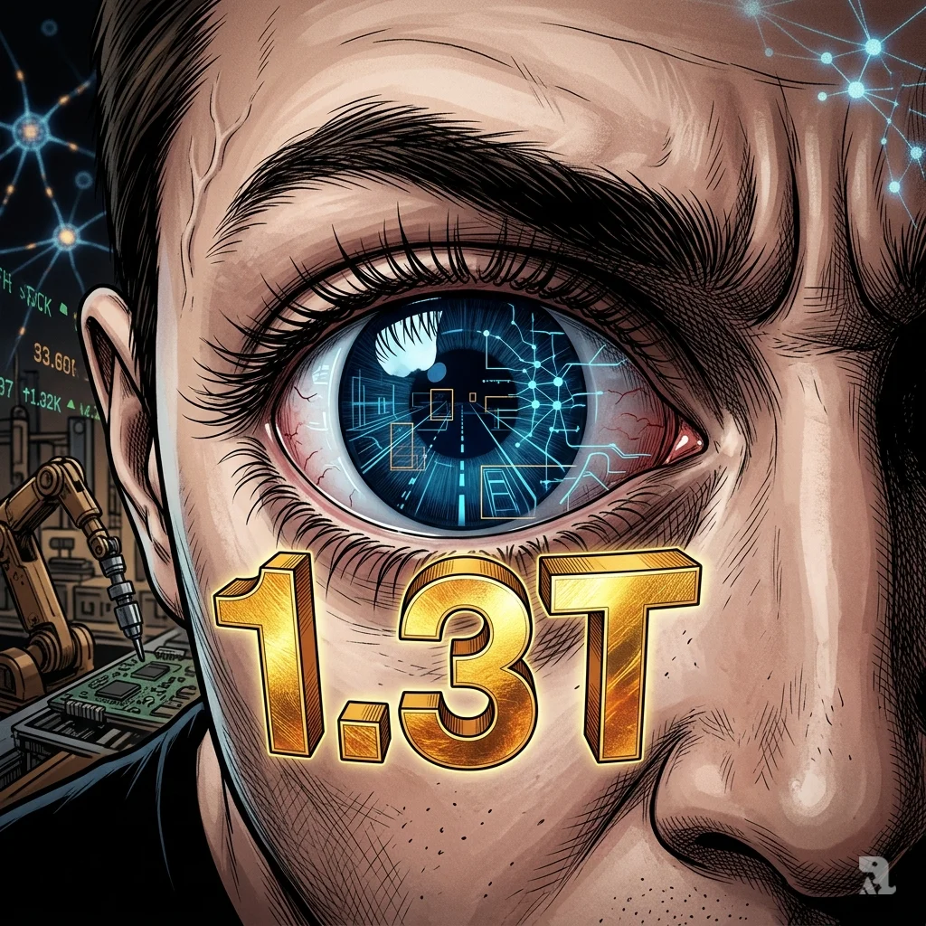 Extreme close-up of bloodshot eye reflecting Full Self-Driving interface and glowing 1.3T dollar valuation hologram.