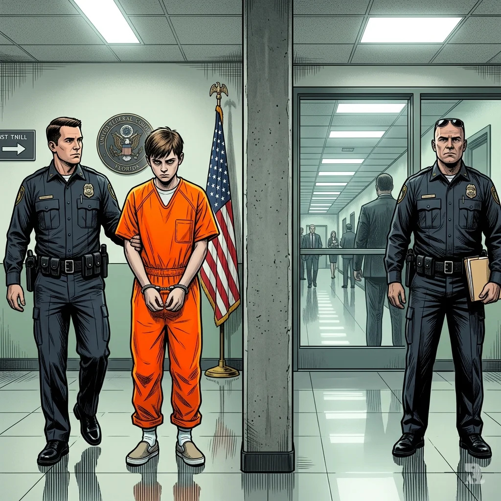 Timothy Hudson in an orange jumpsuit, handcuffed, escorted by federal marshals through a Florida courthouse corridor with American flag.