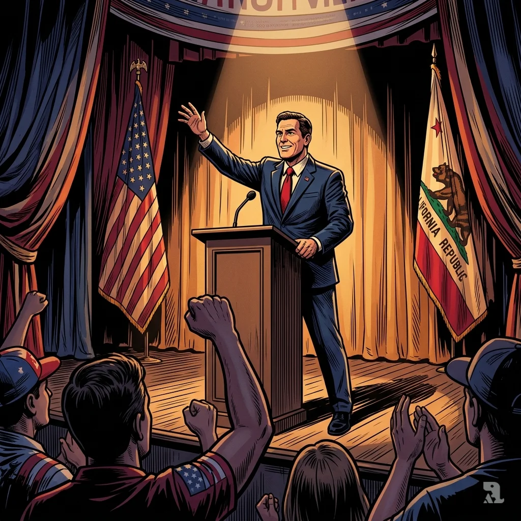 Senator Tony Strickland gives an animated speech at an Orange County rally, patriotic flags and banner behind, blurred audience raising fists.