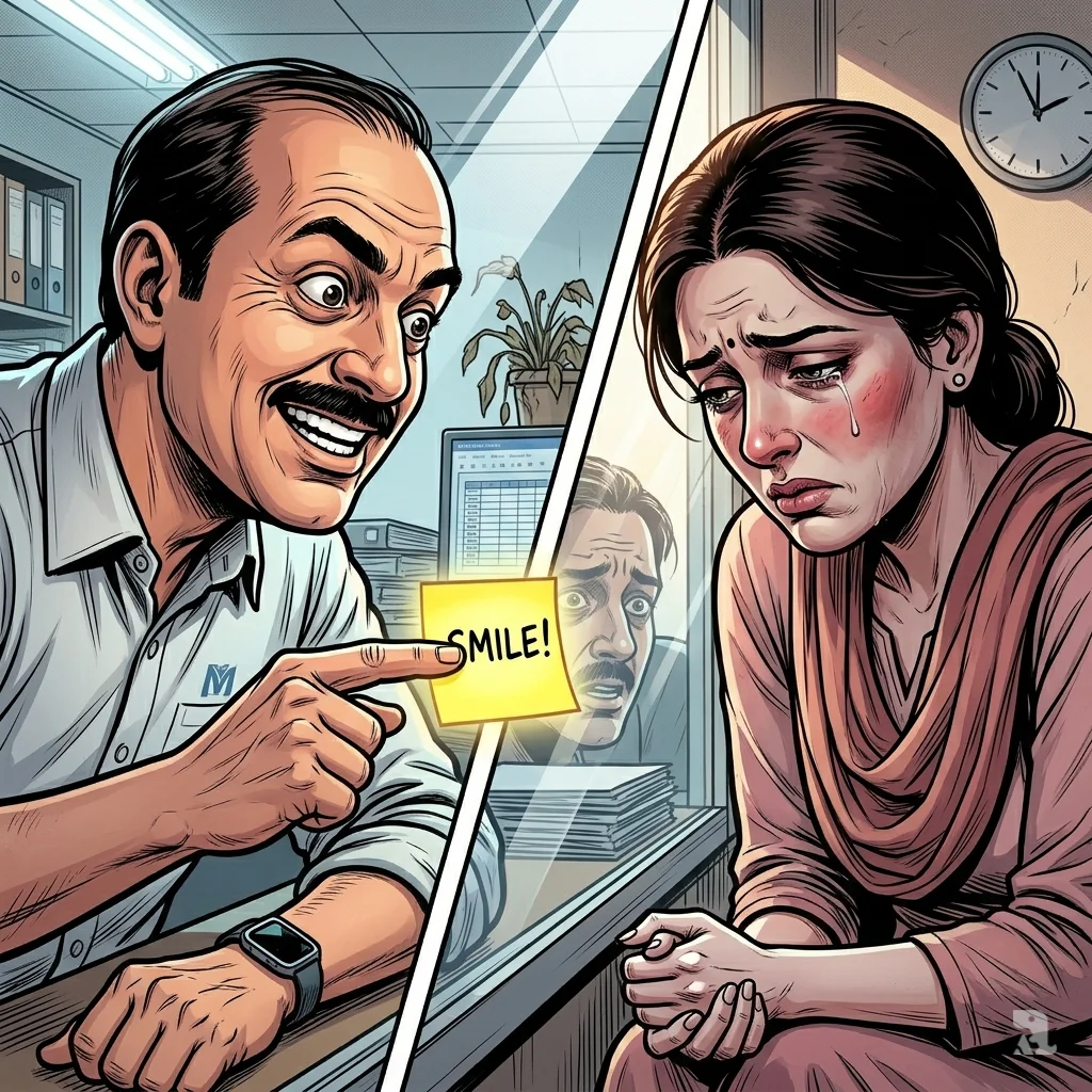 Split image: man holds “SMILE” note; woman looks down with tear, showing shame from forced positivity.