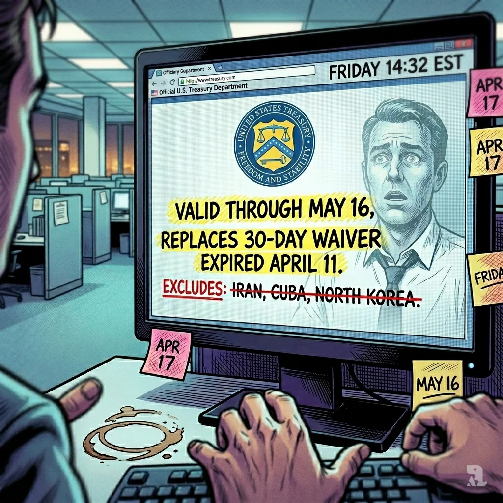 Computer screen displays Treasury license webpage with waiver dates; a bureaucrat's reflection shows alarmed expression.