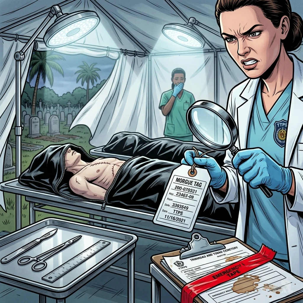 Forensic pathologist examines a morgue tag on a body bag inside a sterile white tent at Cumuto cemetery.