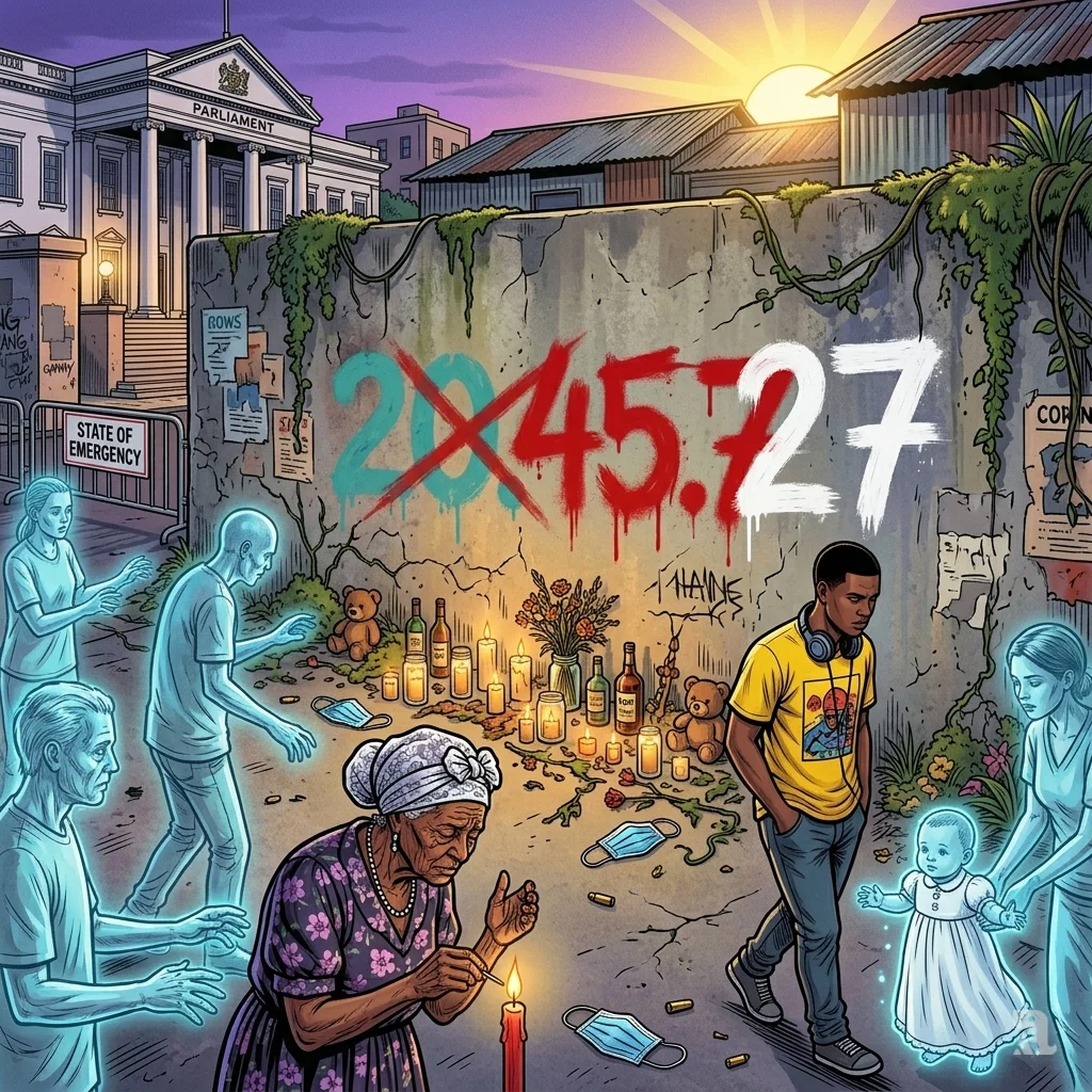 Graffiti homicide statistics and flickering candles mark a memorial wall as ghostly figures stand among mourners.