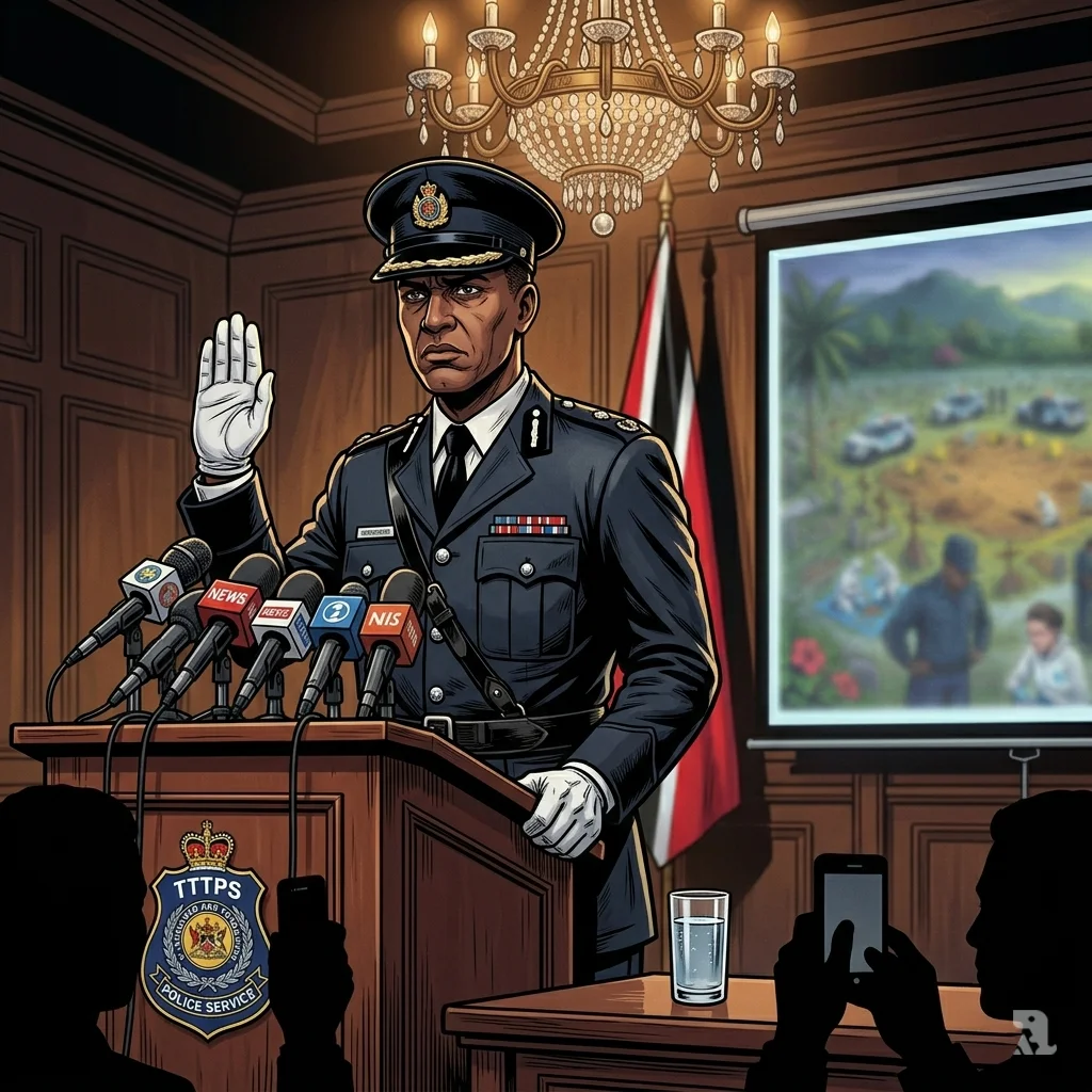 Police Commissioner Allister Guevarro speaks solemnly at podium during press briefing on cemetery discovery.
