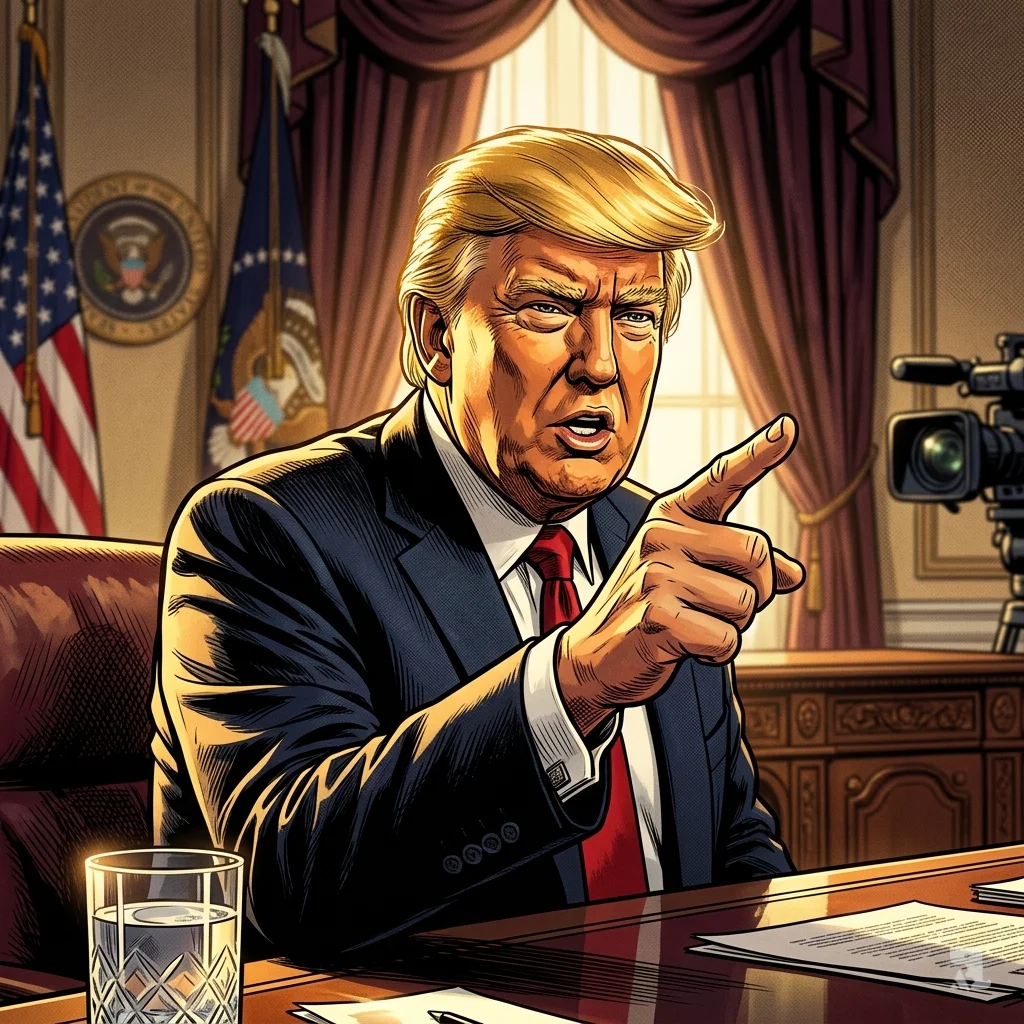 President Trump gestures forcefully from a formal Oval Office setting, American flag visible, projecting accusatory confidence during a dramatic briefing.