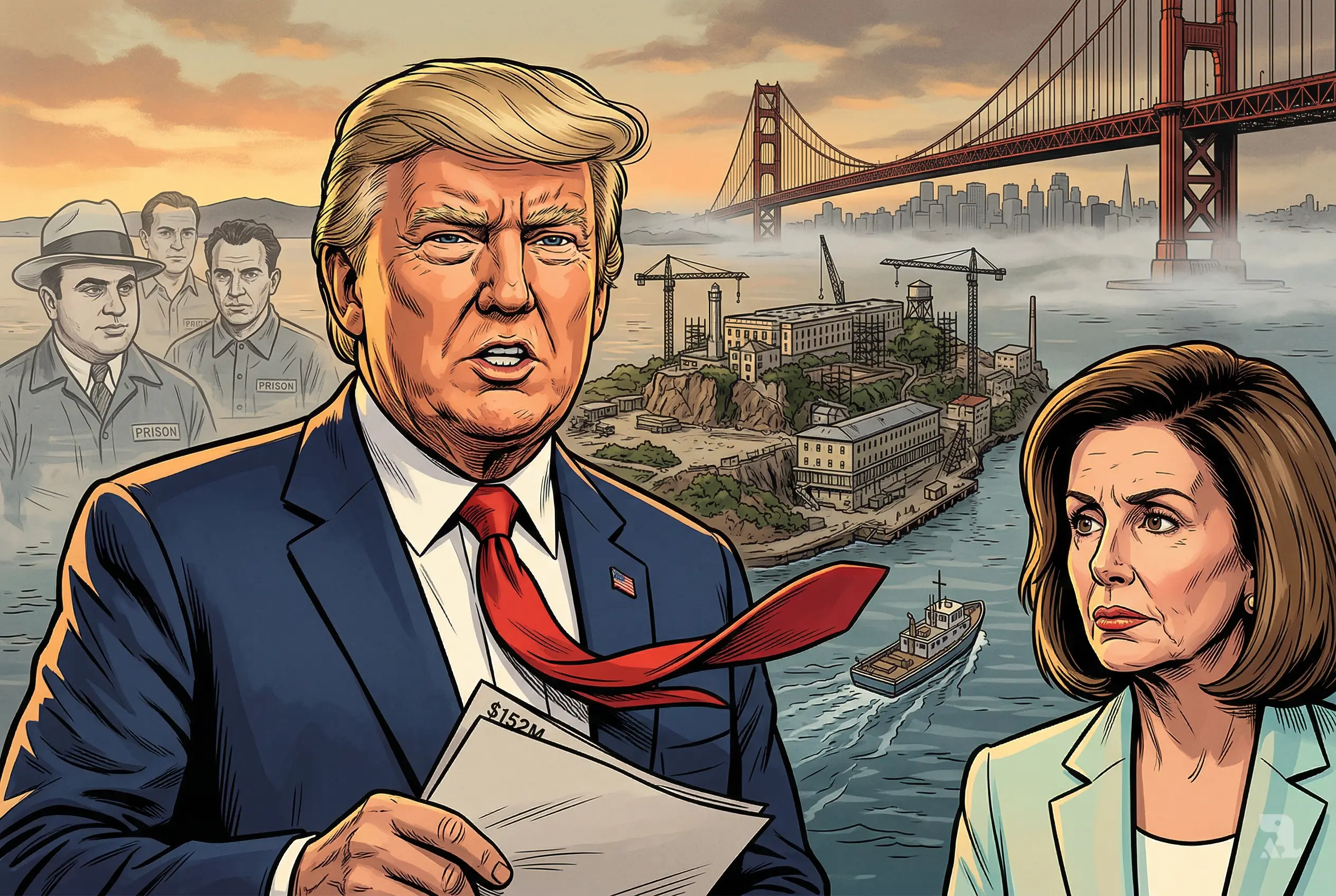 Donald Trump and Nancy Pelosi confront each other as Alcatraz undergoes reconstruction, with Golden Gate Bridge and ghostly prisoners symbolizing past failures and political tension.