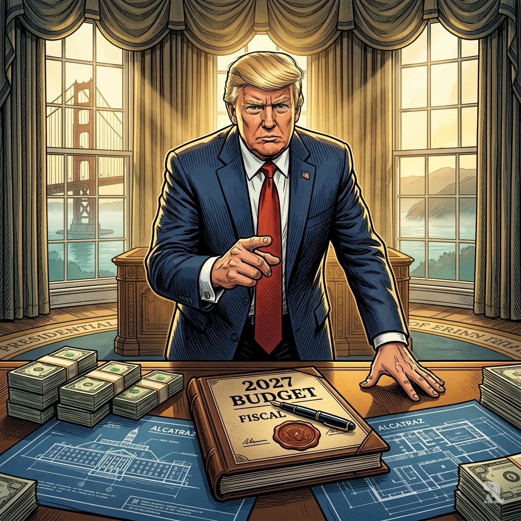 Trump gestures toward a “2027 FISCAL” budget document and Alcatraz blueprints in the Oval Office.