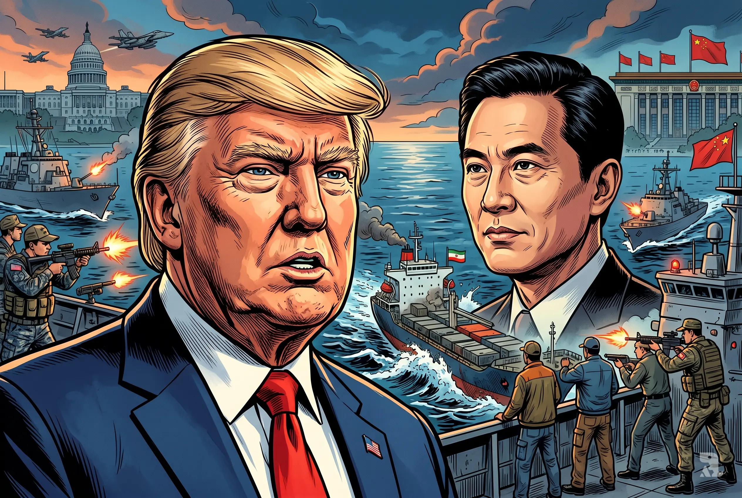 Donald Trump and Guo Jiakun face opposite directions as U.S. warships seize an Iranian cargo ship, with naval confrontation and geopolitical tension unfolding across a dramatic ocean backdrop.