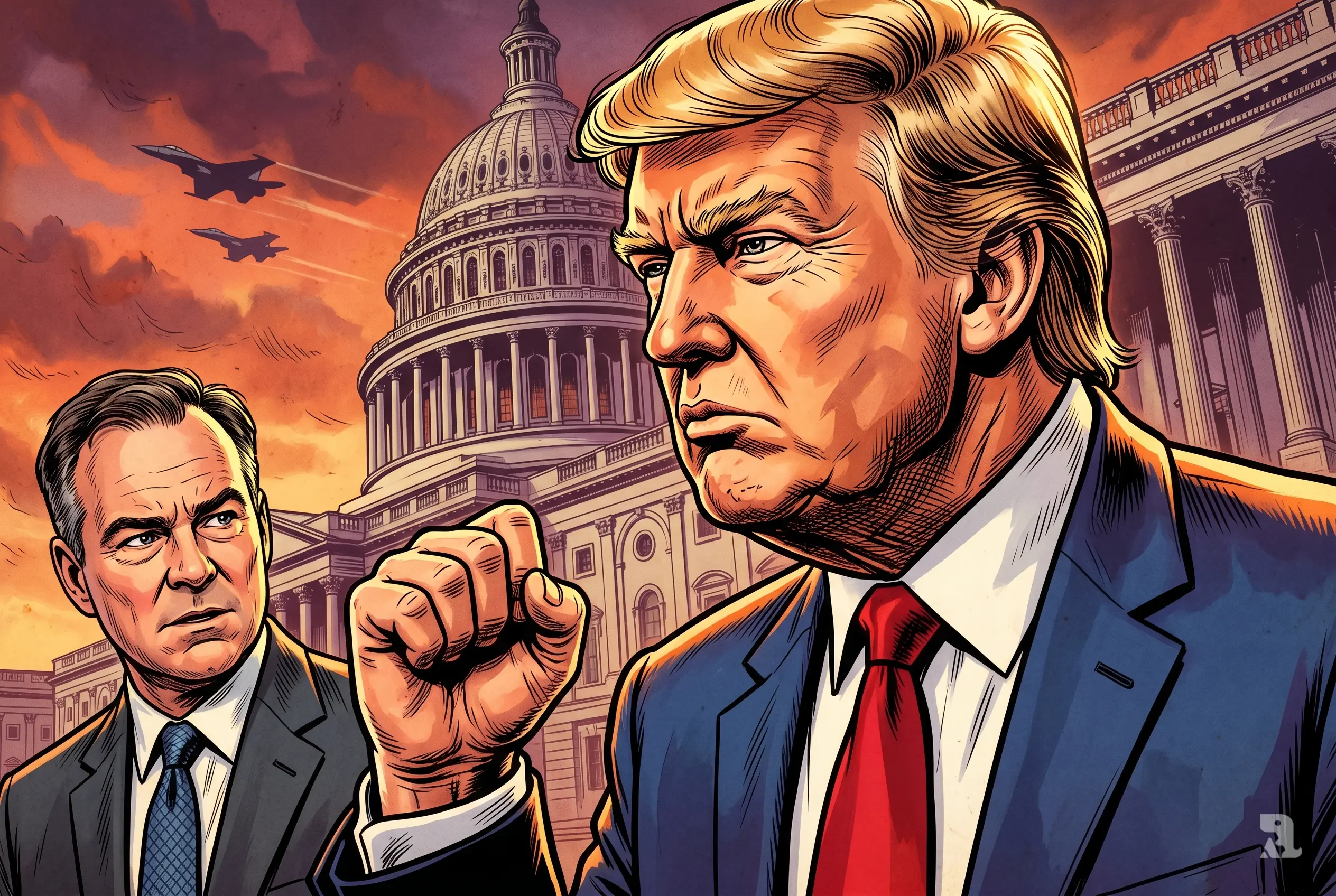 Donald Trump dominates foreground with intense expression as Tim Kaine stands behind, Capitol building and jets under fiery sky suggesting looming military escalation.