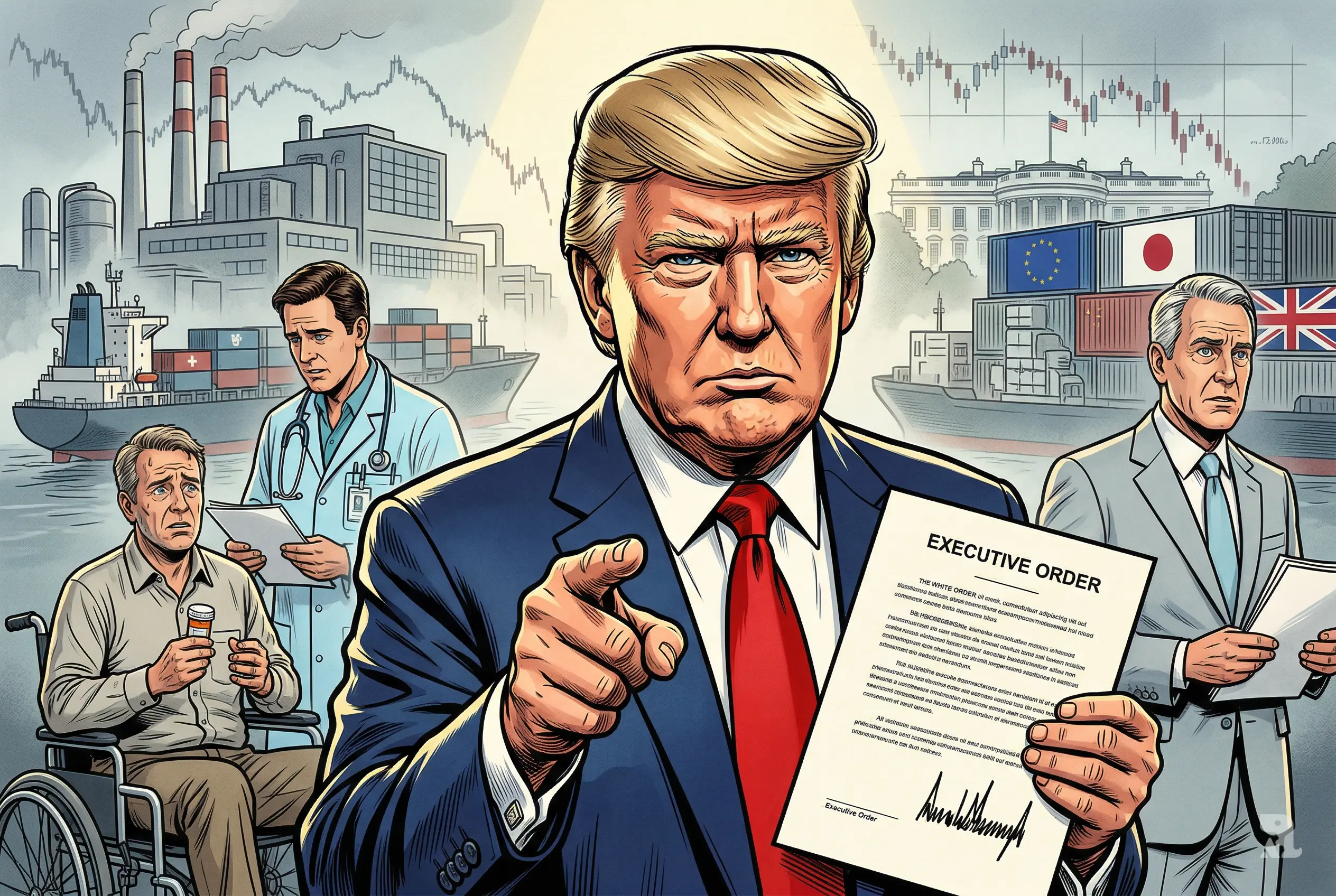 Donald Trump signs drug tariff order while patient in wheelchair and doctor react anxiously, with pharmaceutical executive and global trade backdrop showing economic tension.