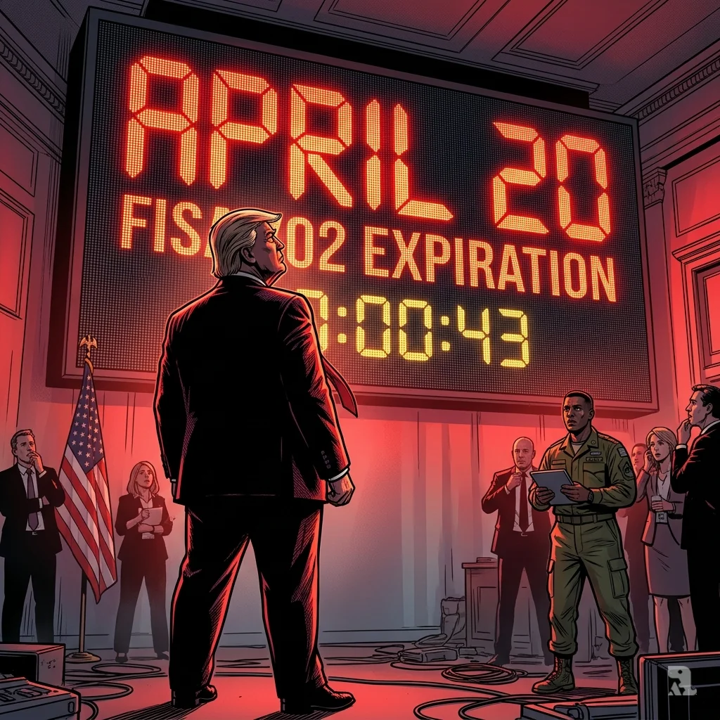 Trump's silhouette faces a massive red countdown clock displaying FISA 702 expiration deadline.