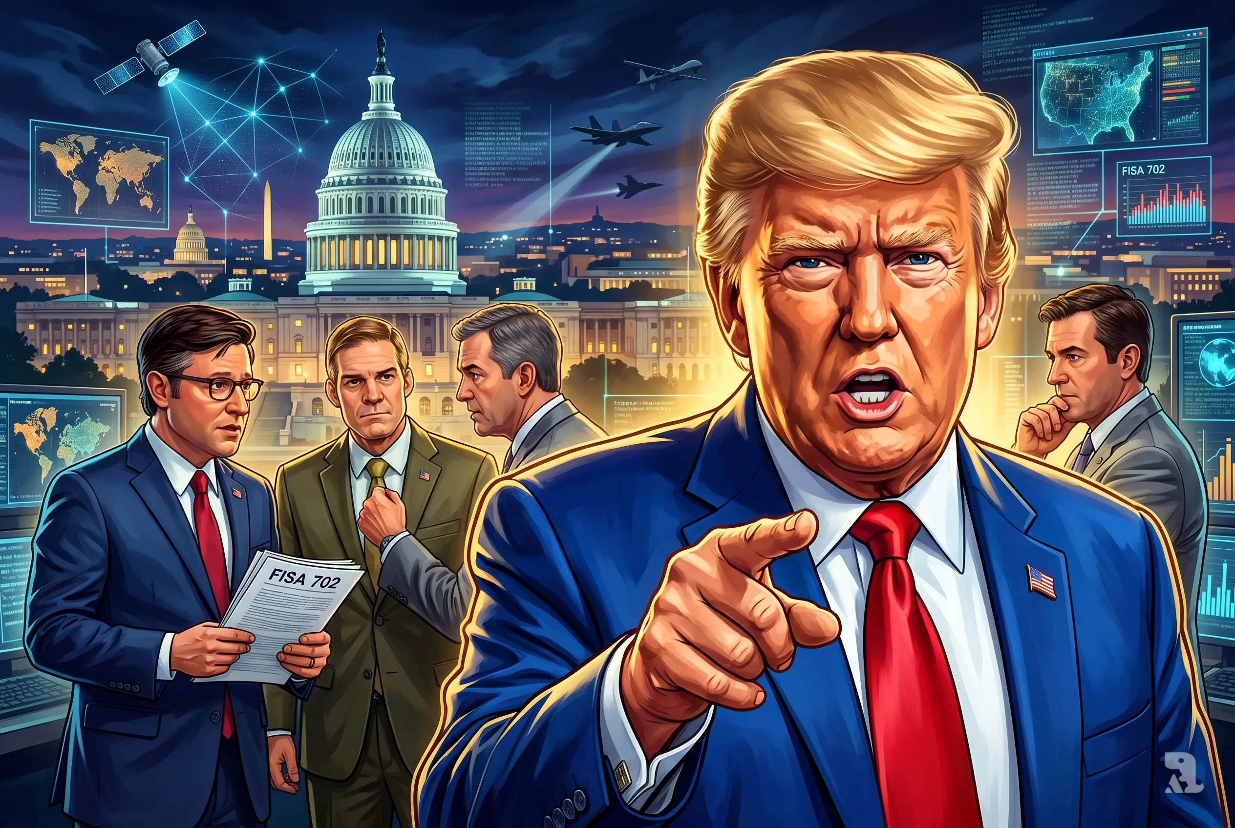 Donald Trump urgently addresses lawmakers while Republican leaders strategize behind him, with surveillance visuals, drones, and Capitol backdrop highlighting tense FISA 702 national security debate.