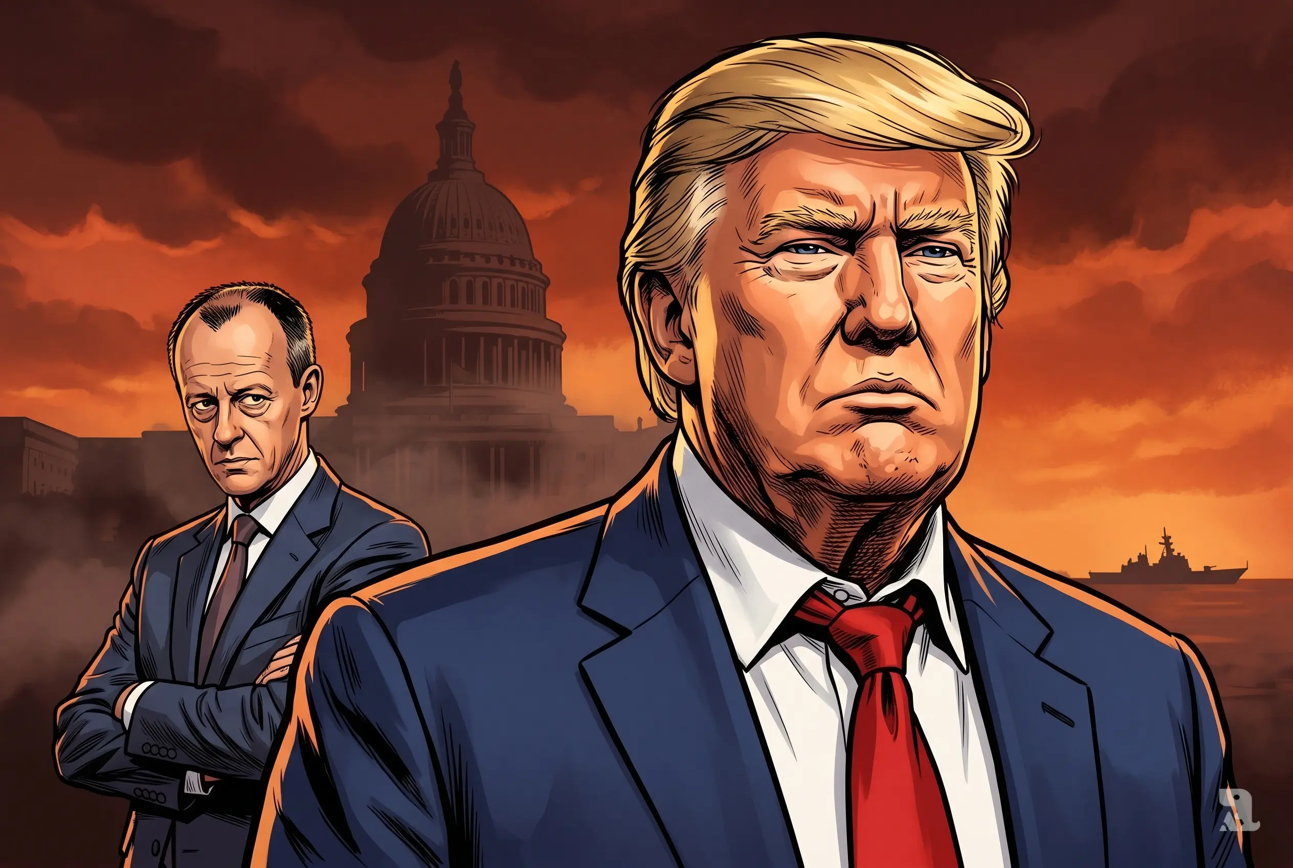 Donald Trump looks tense and defiant in foreground while German Chancellor Friedrich Merz stands behind critically, with US Capitol under dramatic war-like sky.