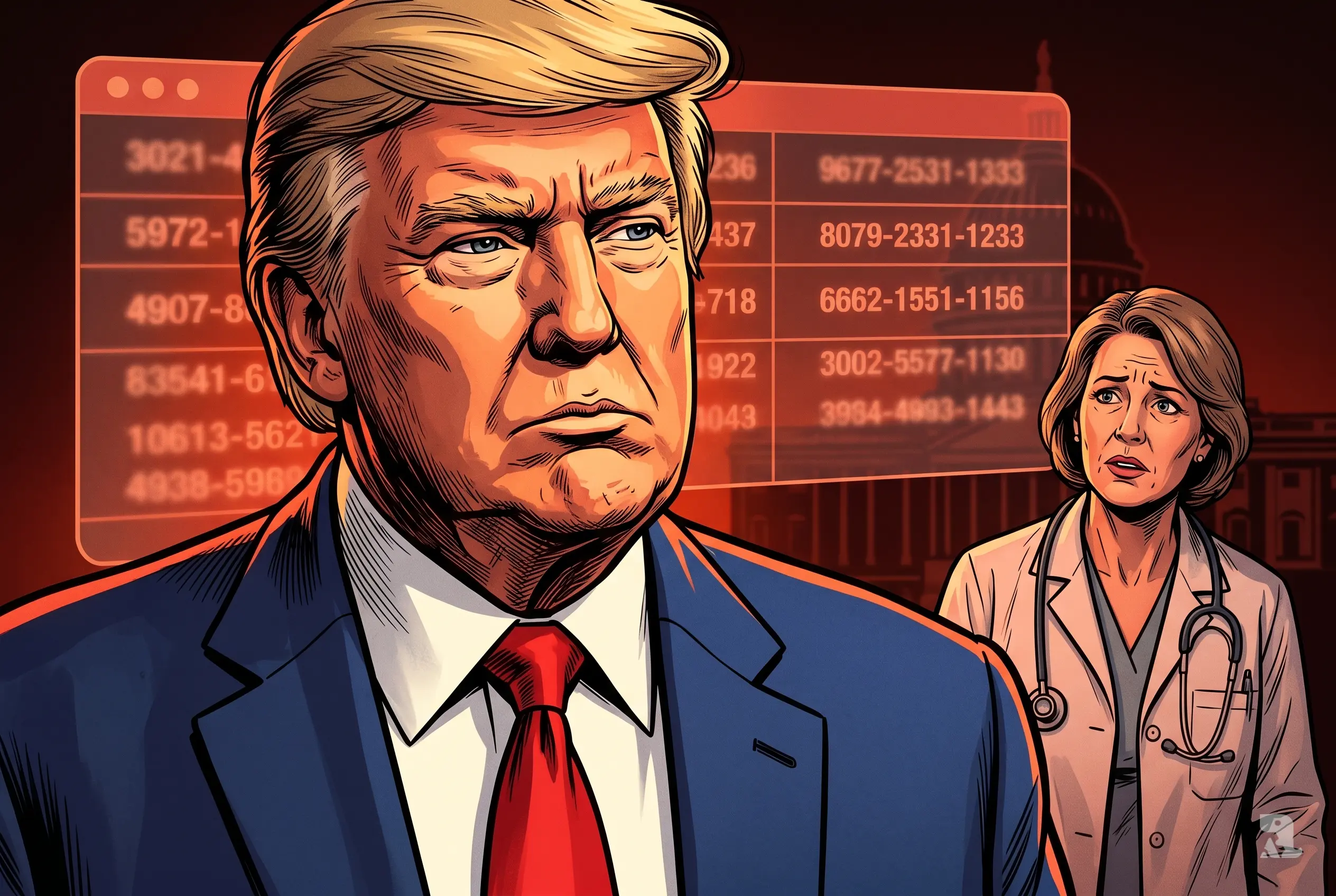 Donald Trump foreground with tense expression as healthcare worker reacts behind him, red data interface showing exposed Social Security numbers in dramatic investigative scene.