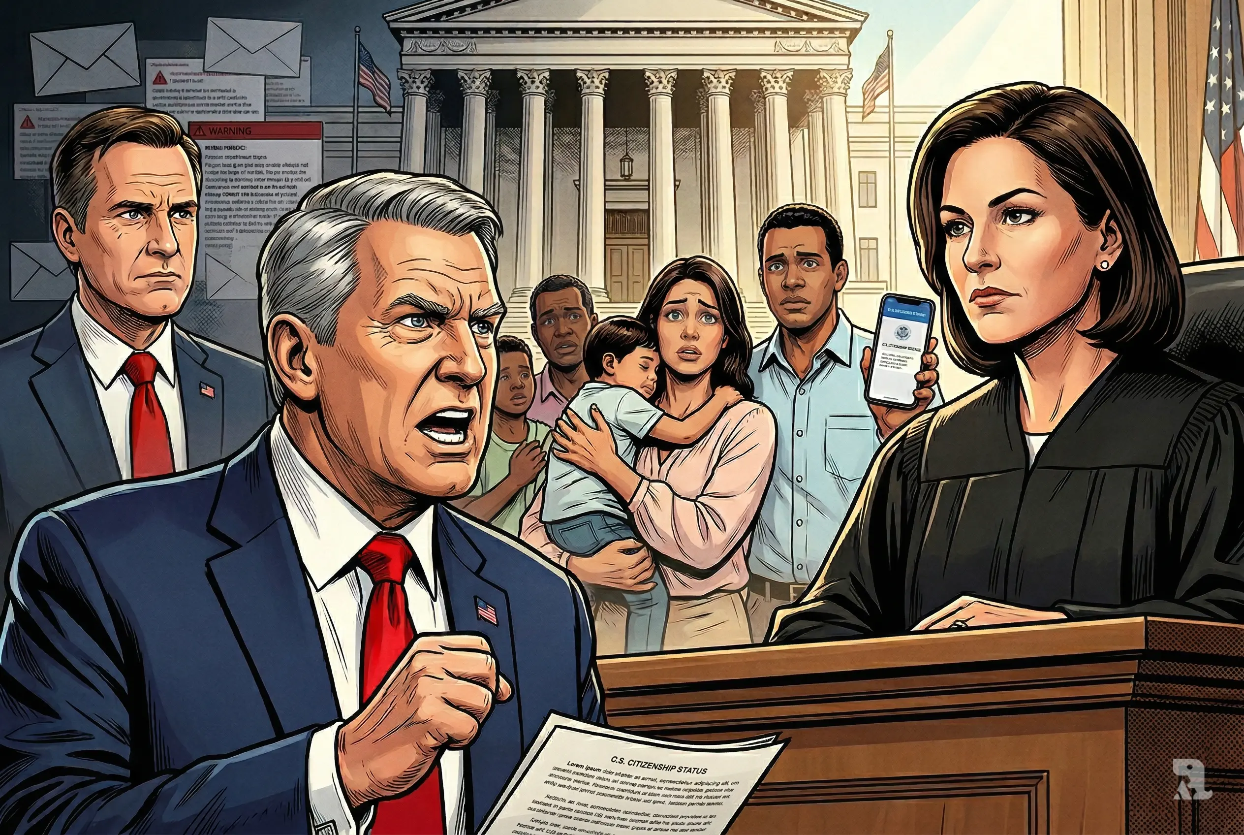 Judge blocks Trump migrant policy as families show relief in courtroom, with tense Trump foreground and emotional migrants against federal courthouse backdrop.