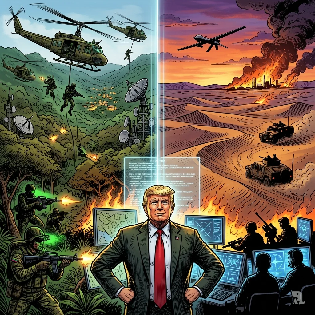 Trump oversees military operations in Venezuela jungle and Iranian desert under FISA 702 authority.