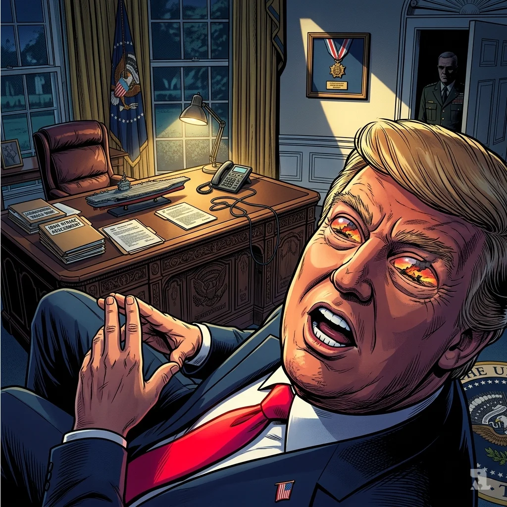 Trump gestures toward burning aircraft wreckage on screen, claiming victory while reflecting destruction in his eyes.