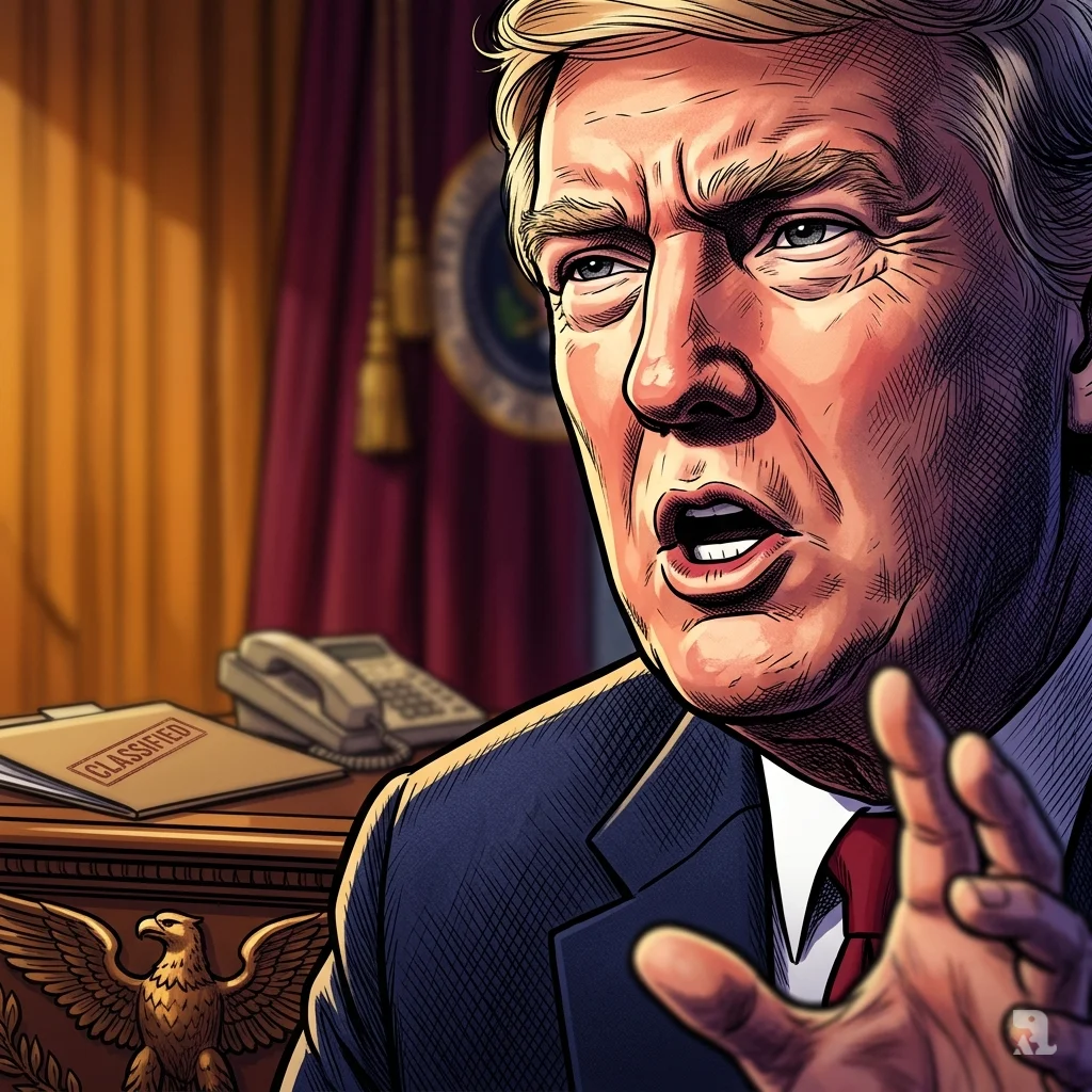 President Trump speaks urgently at the Resolute Desk in the Oval Office with dramatic Rembrandt lighting.