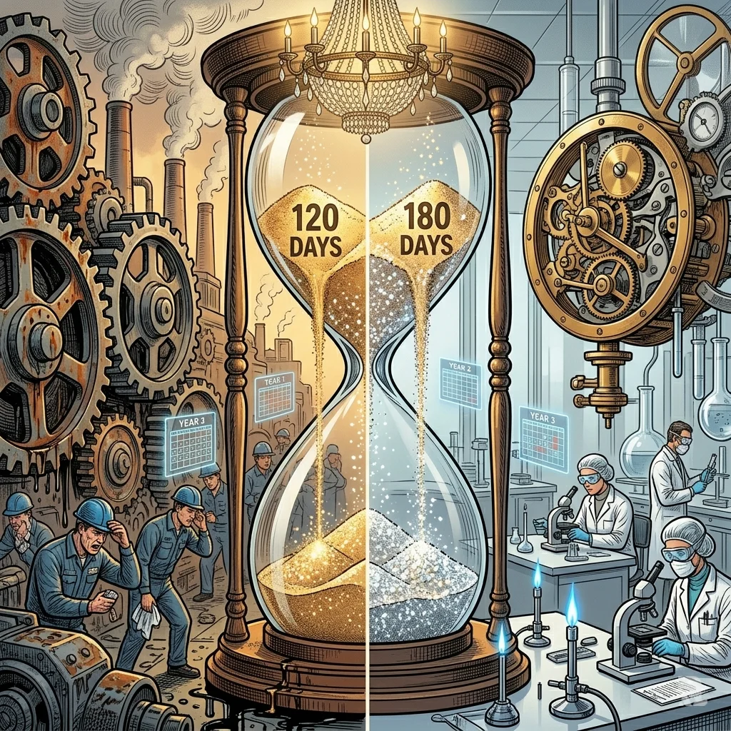 screen sandglass between big pharma industrial gears (left) and small biotech lab clockwork (right), sand flowing at different speeds.