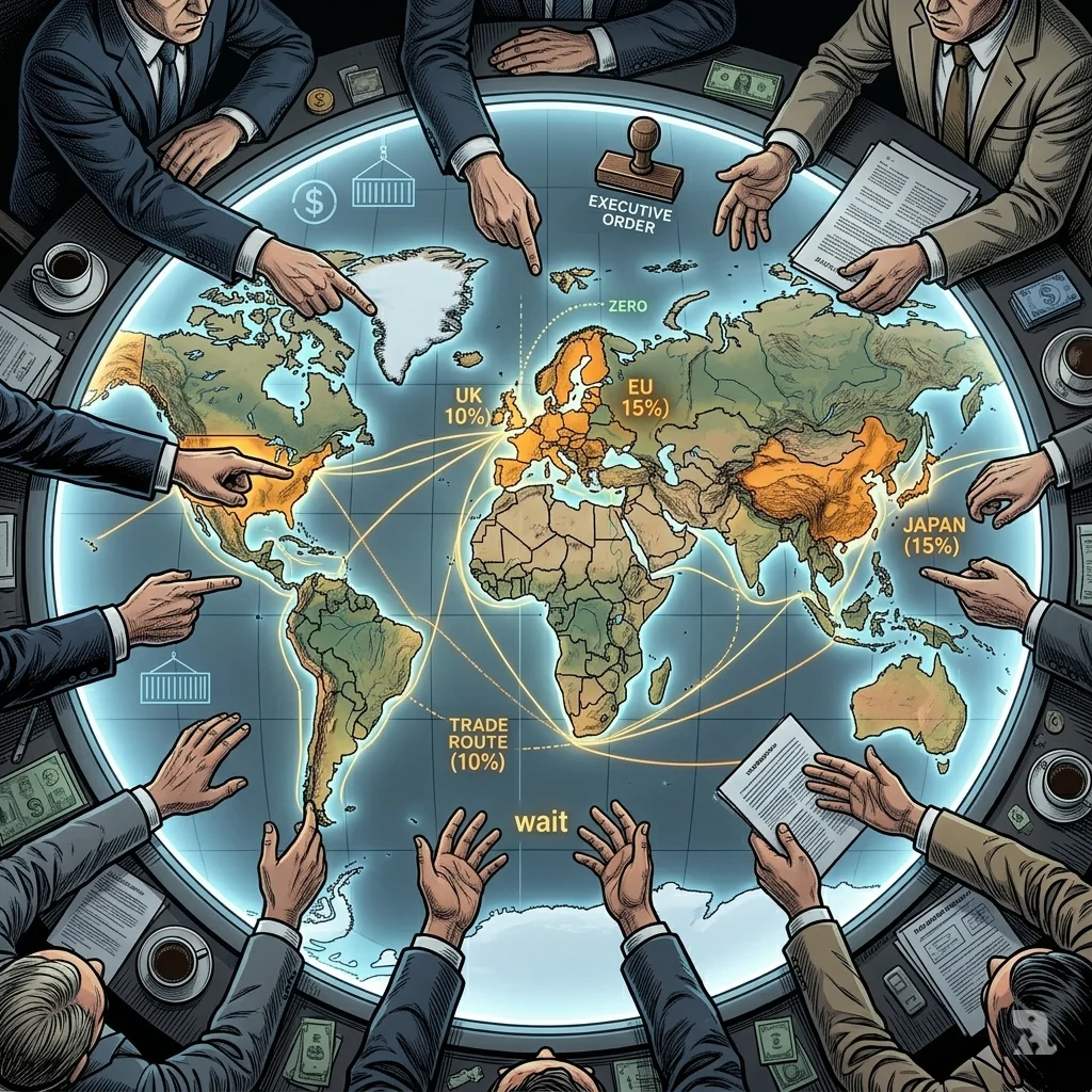 Bird’s‑eye view of illuminated world map table, tariff percentages on EU/Japan/Korea/Switzerland/UK, hands reaching from all sides.