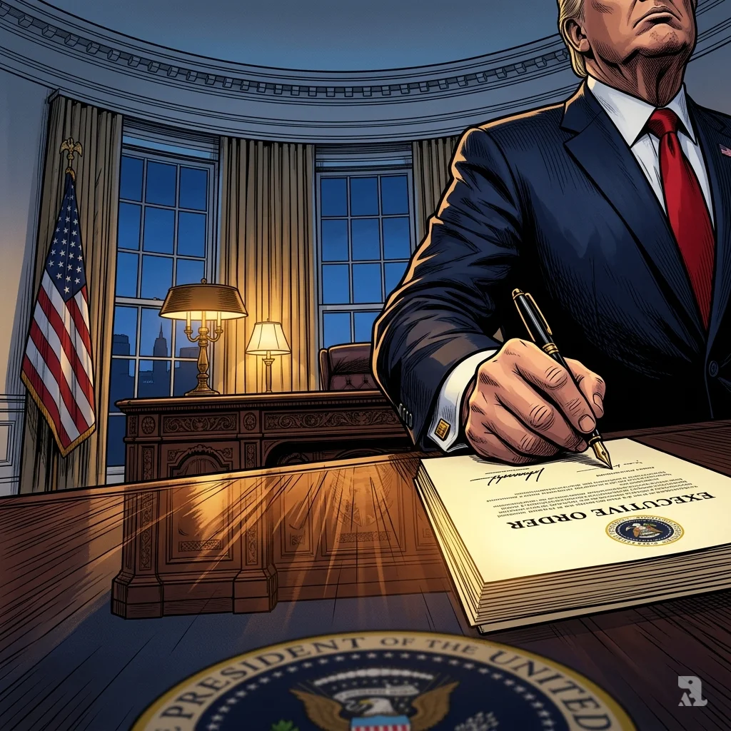 Trump’s hand signing executive order on Resolute Desk in Oval Office, twilight shadows and American flag behind.