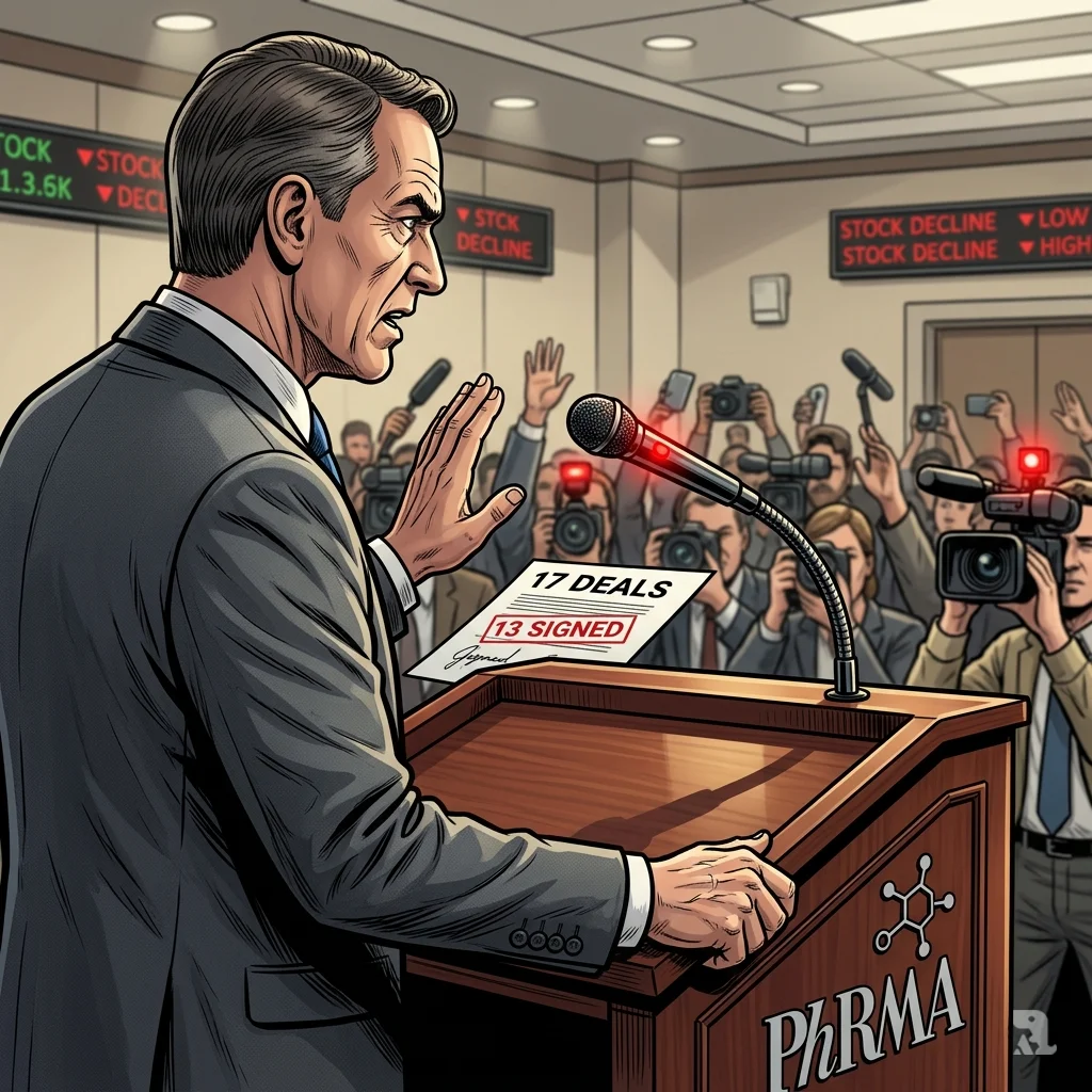 Over‑shoulder shot of PhRMA CEO Stephen Ubl at podium, raised hands and press cameras, documents showing “17 DEALS / 13 SIGNED”.