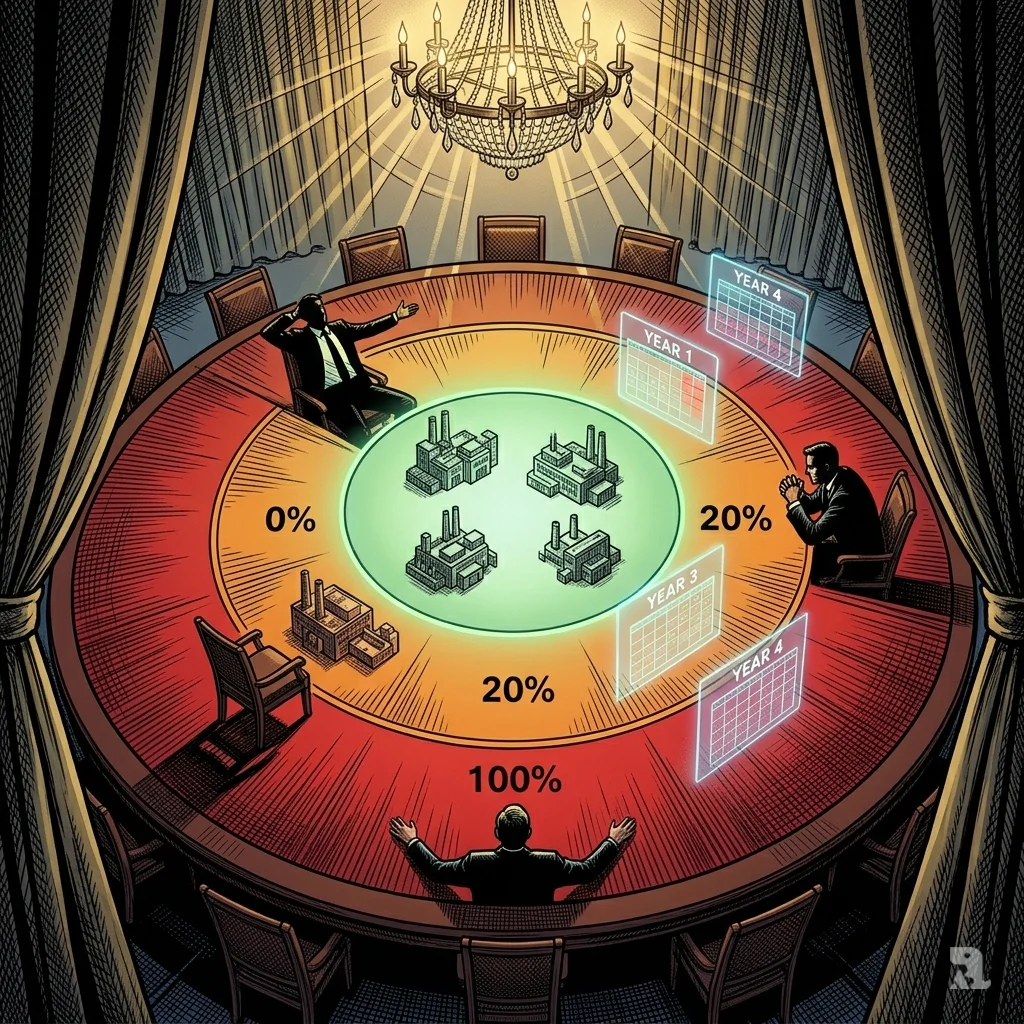 High‑angle view of circular war table with three tariff tiers: green (0%), amber (20%), red (100%), empty chair in red zone.