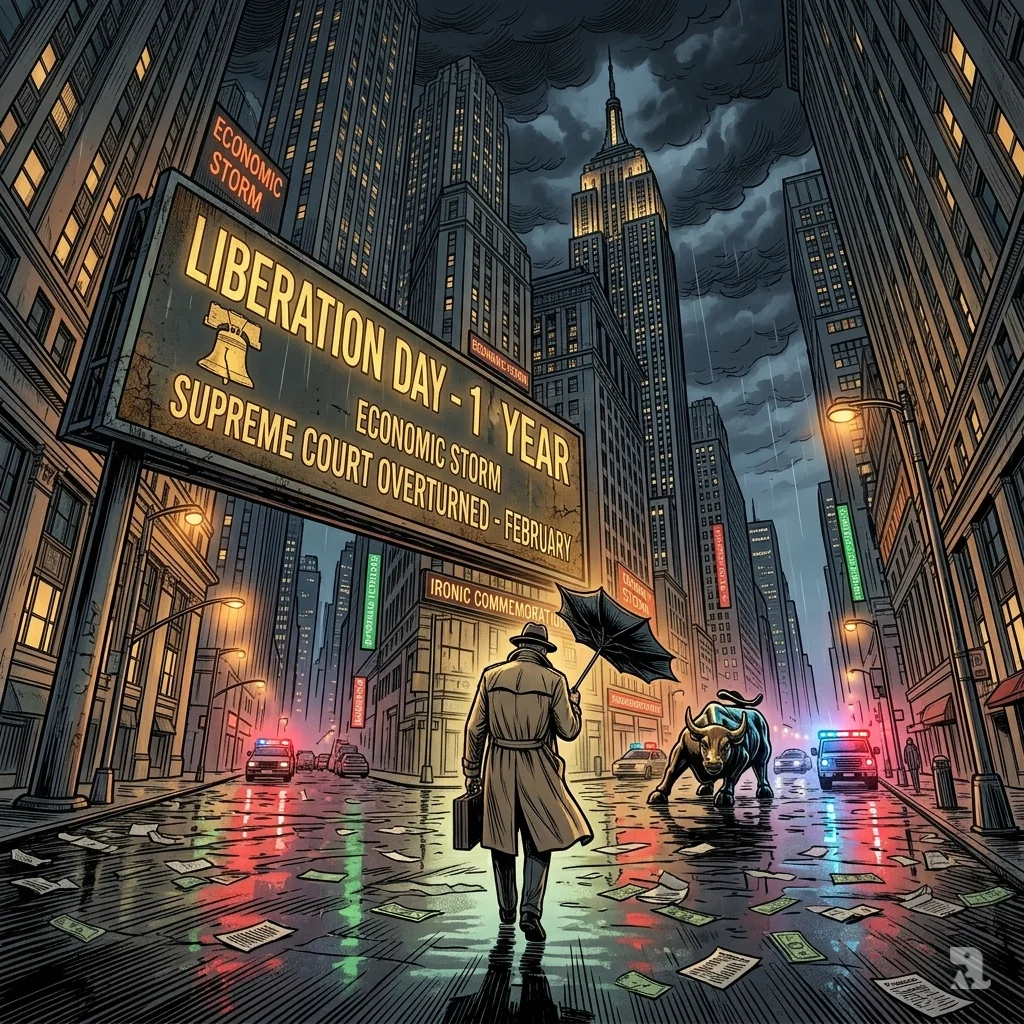 Wall Street at night, rain‑slicked pavement, digital billboard “LIBERATION DAY – 1 YEAR / SUPREME COURT OVERTURNED”, lone figure.