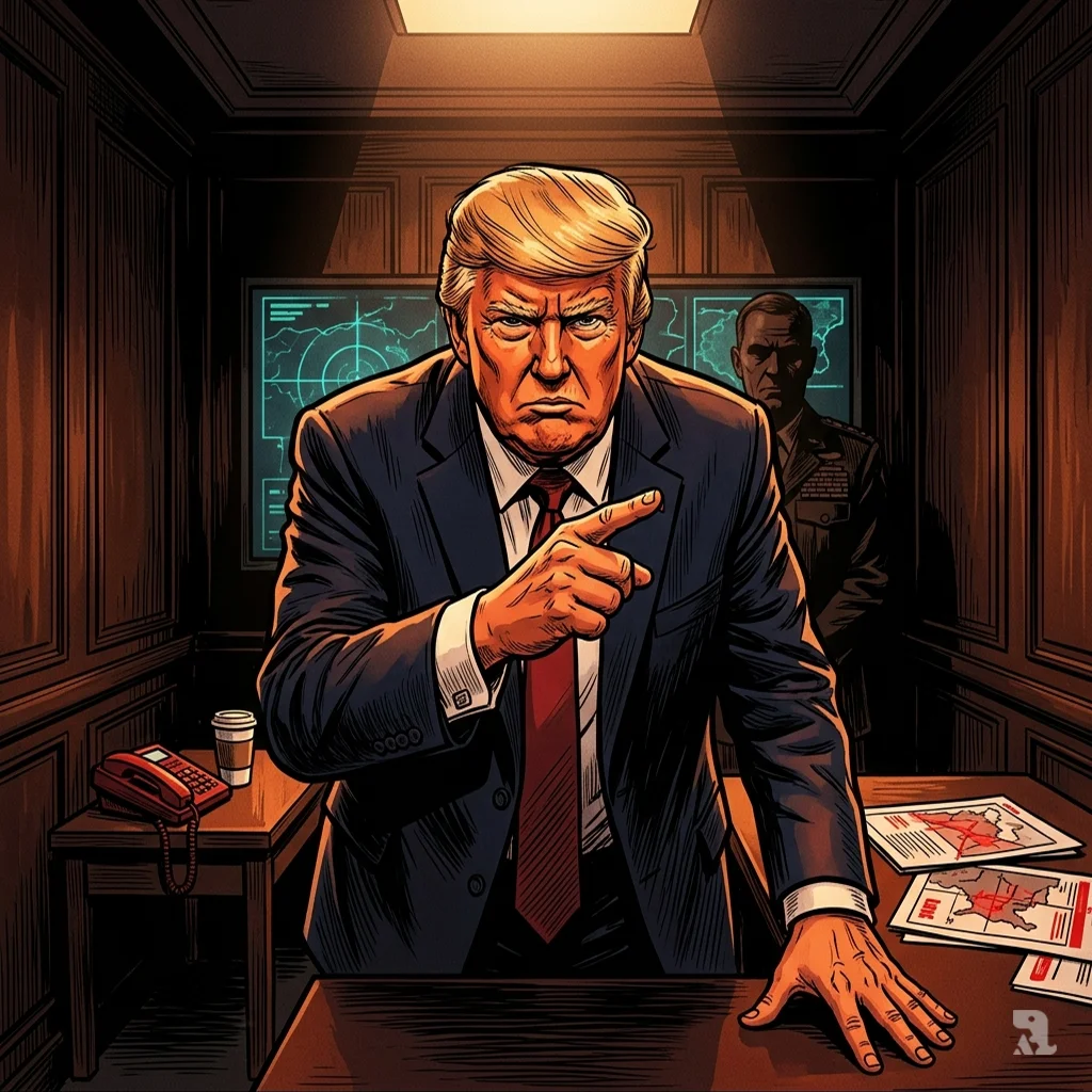 Trump in situation room, intense expression, pointing forward with military maps faintly visible behind him.